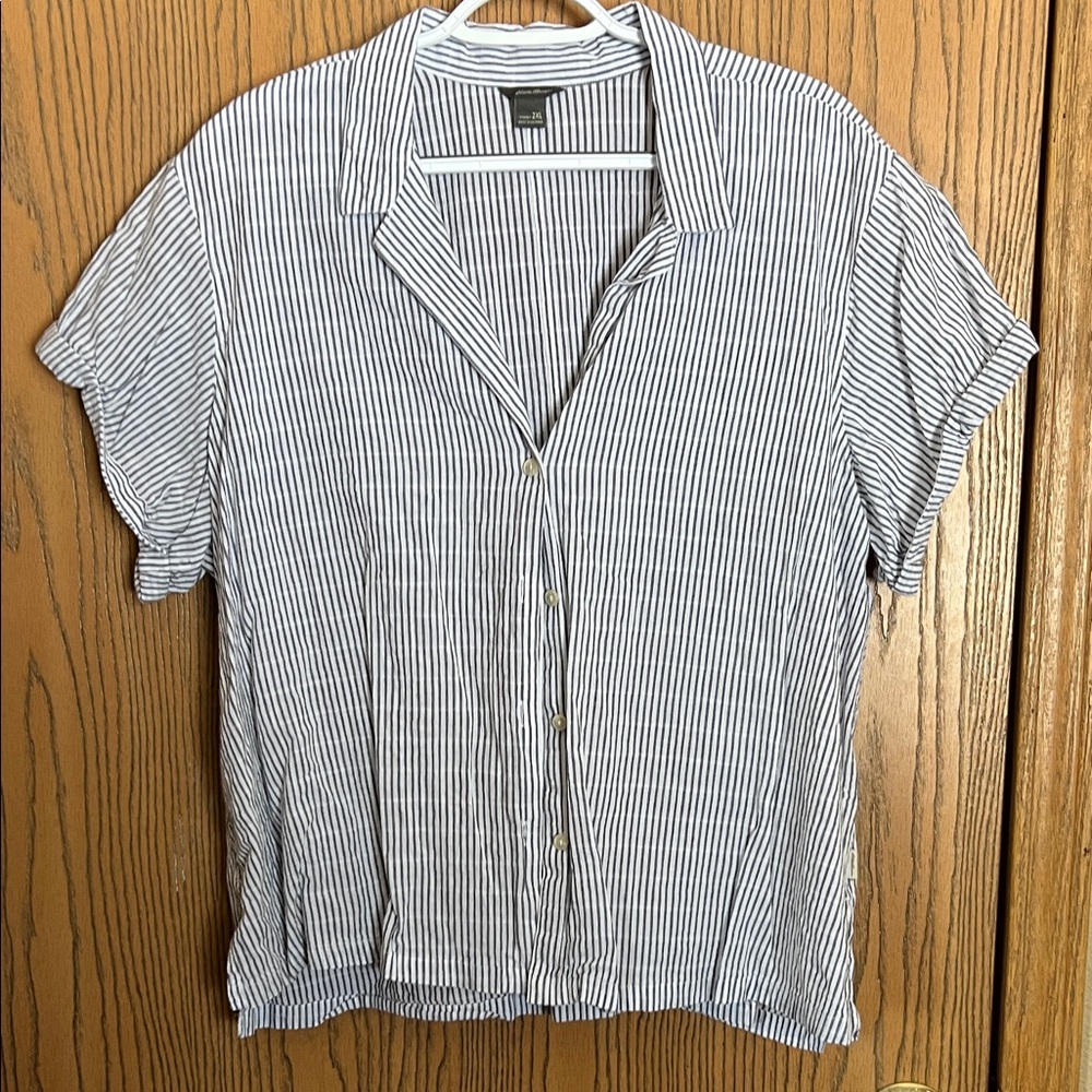 Eddie Bauer Women's Blue and White Striped Button Down Shirt